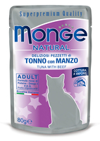 Влажный корм MONGE CAT NATURAL 80г для кошек Тунец, Говядина в желе пауч (6910)