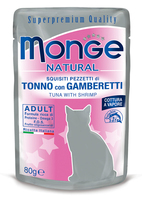 Влажный корм MONGE CAT NATURAL 80г для кошек Тунец, Креветки в желе пауч (6903)